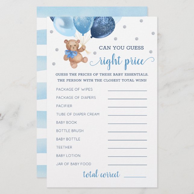 Papier Devinez juste prix jeu Baby shower Teddy Bear (Devant / Derrière)