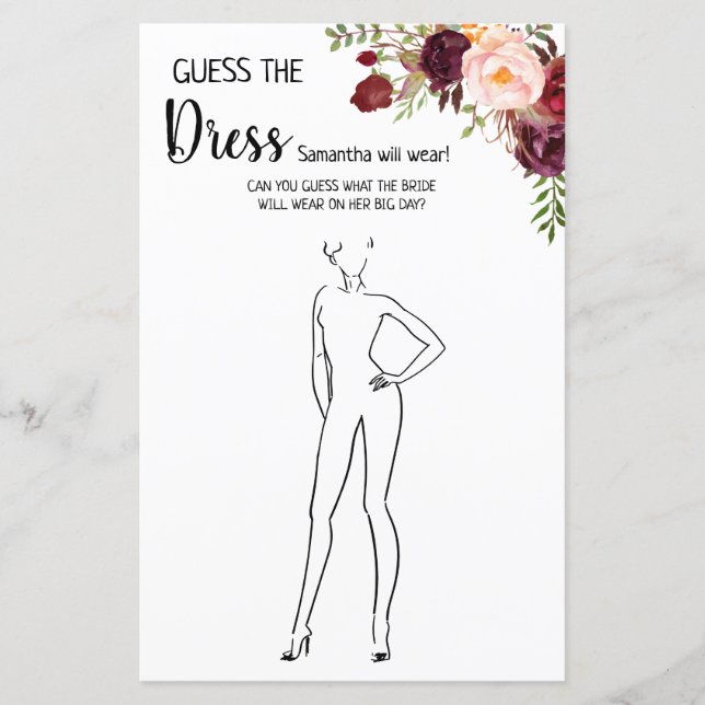 Papier Devinez la robe nuptiale douche anglais jeu espagn (Devant)