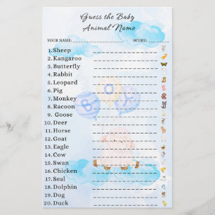Papier Devinez le Baby shower de jeu animal bébé