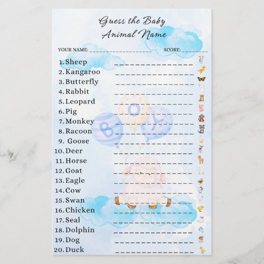 Papier Devinez le Baby shower de jeu animal bébé (Devant)