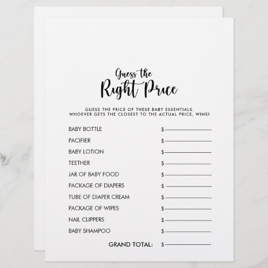 Papier Devinez le bon Baby shower de prix jeu (Devant / Derrière)