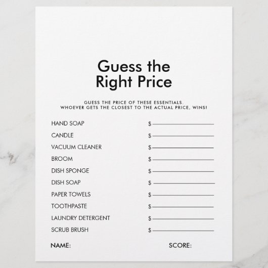 Papier Devinez le bon jeu de Fête des mariées de prix (Devant)