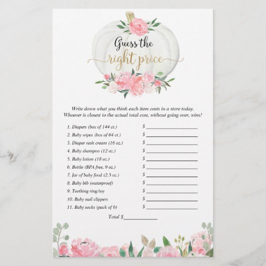 Papier Devinez le bon prix chute citrouille douche jeu (Devant)