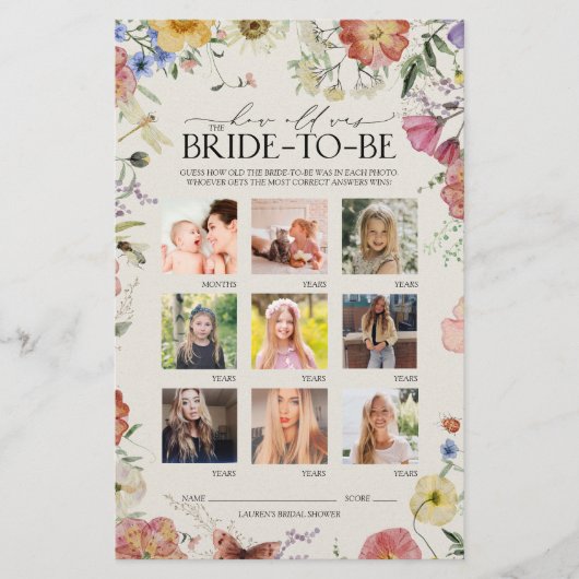Papier Devinez le jeu de Fête des mariées florale en âge (Devant)