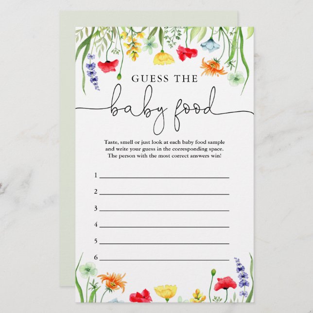 Papier Devinez le jeu de nourriture pour bébé fleurs sauv (Devant / Derrière)