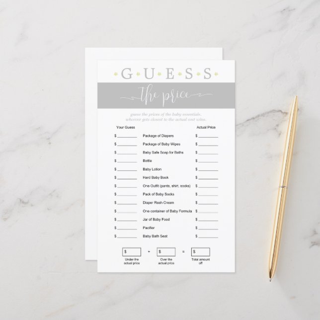 Papier Devinez le jeu de prix Baby shower neutre entre le (Devant/Arrière en situation)