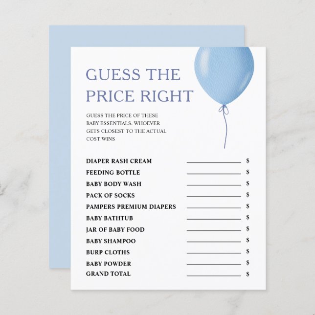 Papier Devinez Le Prix Blue Balloon Boy Baby shower Jeu (Devant / Derrière)