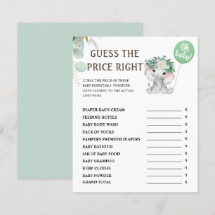 Papier Devinez Le Prix Elephant Green Baby shower Jeu