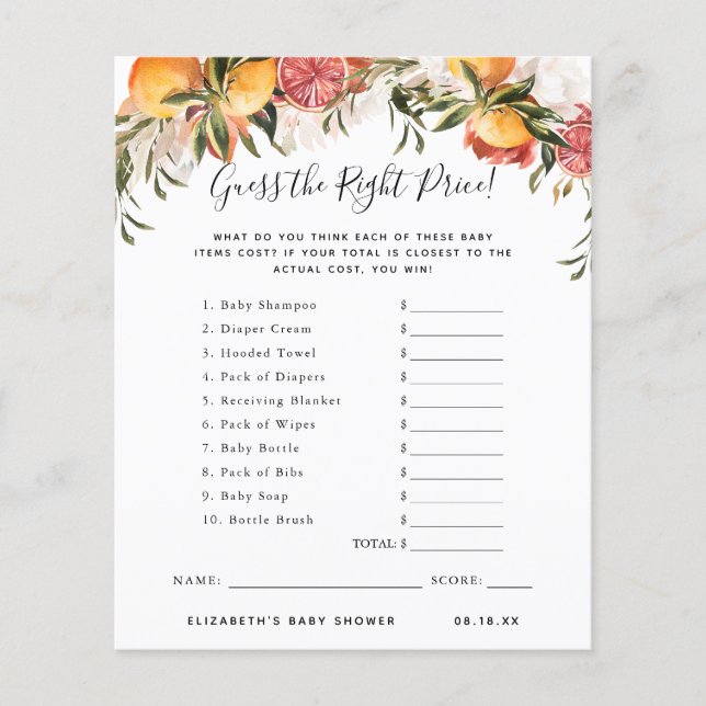 Papier Devinez le prix | Jeu de Baby Shower (Devant)