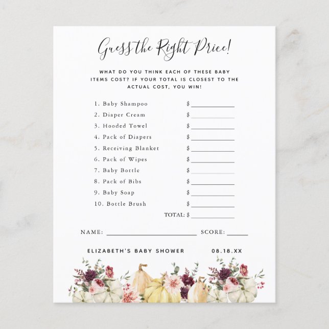 Papier Devinez le prix | Jeu de Baby Shower (Devant)