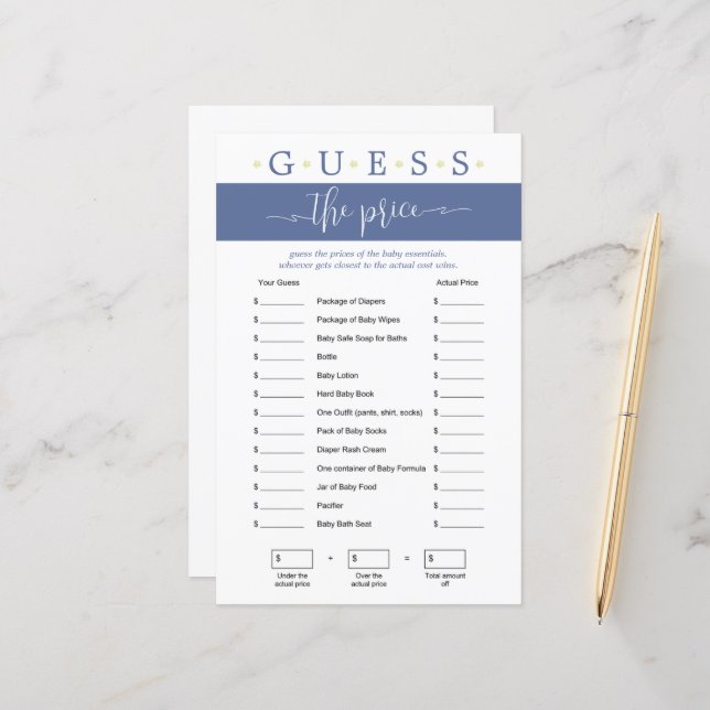 Papier Devinez le prix jeu Eléphant Baby shower bleu (Devant/Arrière en situation)