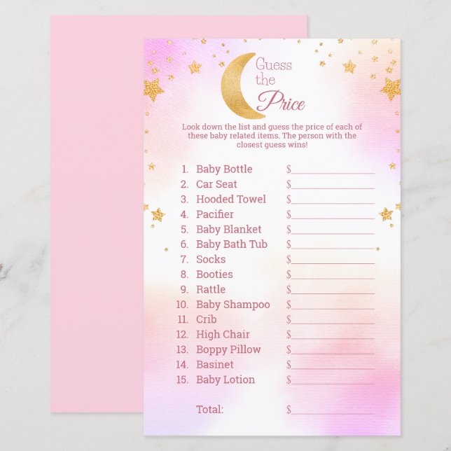 Papier Devinez le prix Lune étoiles Baby shower rose jeu (Devant / Derrière)