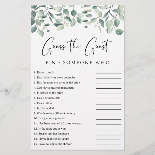 Papier Devinez l'invité Eucalyptus jeu de douche (Devant)