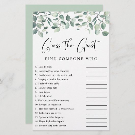 Papier Devinez l'invité Eucalyptus jeu de douche (Devant / Derrière)