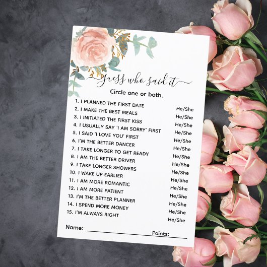 Papier Devinez qui a dit jeu de baby shower floral rose