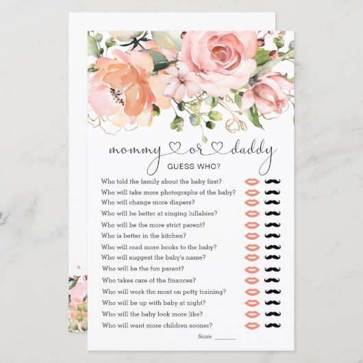 Papier Devinez Qui Baby shower Jeu Floral (Devant / Derrière)