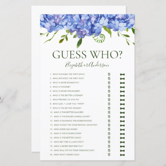 Papier Devinez Qui Blue Hydrangeas (Devant / Derrière)