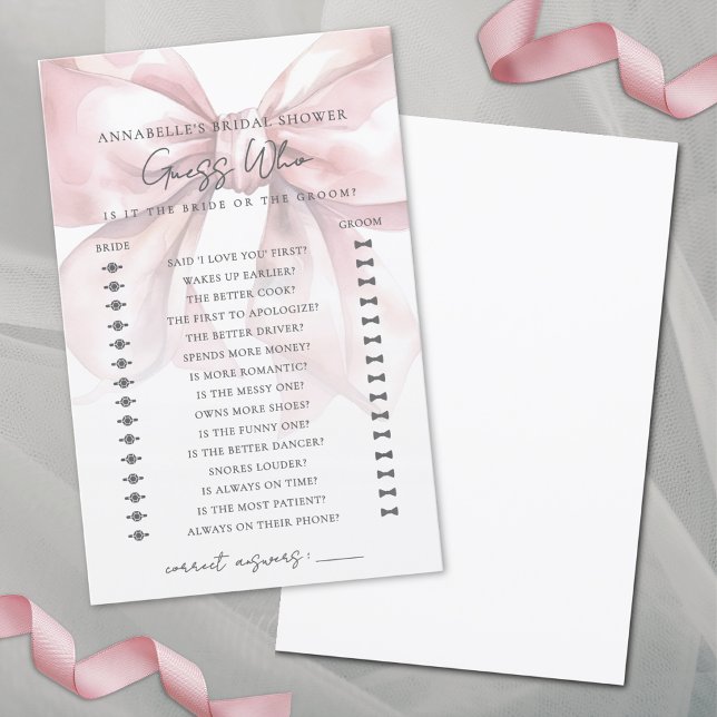 Papier Devinez Qui Blush Pink Bow Fête des mariées Jeu (Guess Who Blush Pink Bow Bridal Shower Game)