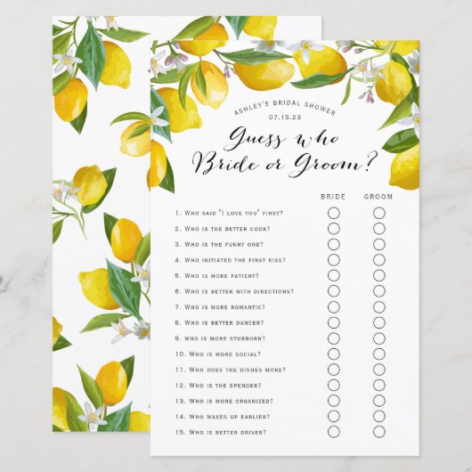 Papier Devinez qui, citron nuptiale jeux de douche (Devant / Derrière)
