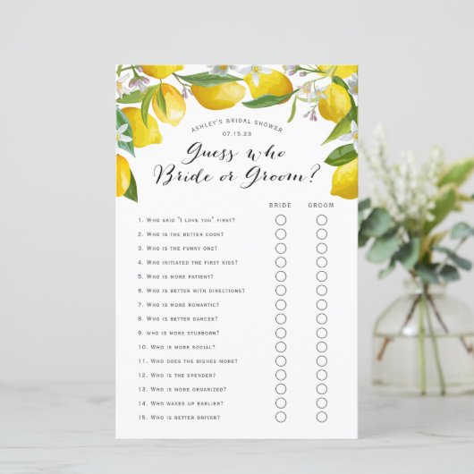 Papier Devinez qui, citron nuptiale jeux de douche (Debout devant)