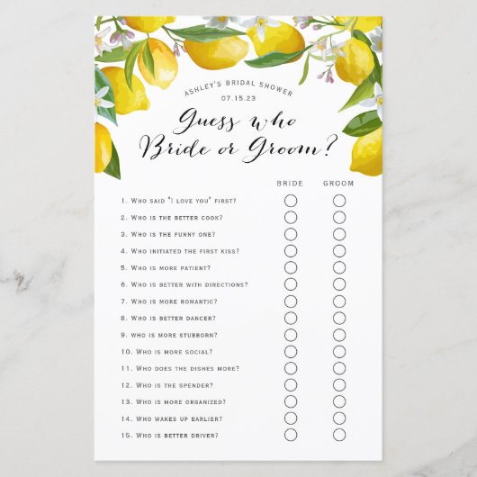 Papier Devinez qui, citron nuptiale jeux de douche (Devant)