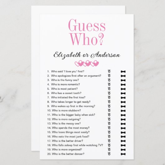 Papier Devinez qui Fête des mariées jeu (Devant / Derrière)