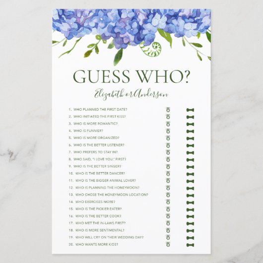 Papier Devinez qui Hortensias bleues (Devant)