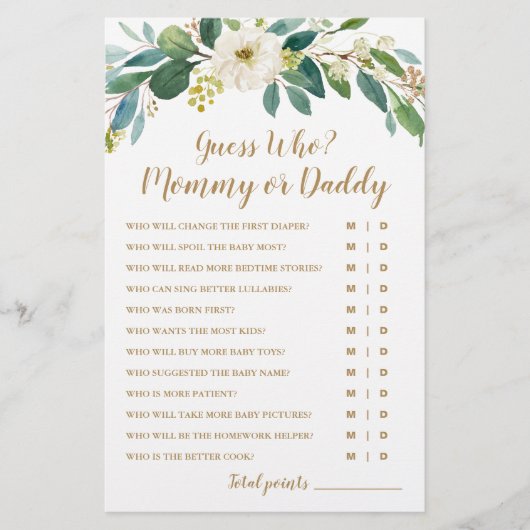 Papier Devinez Qui ? Jeu de Baby shower maman ou papa (Devant)