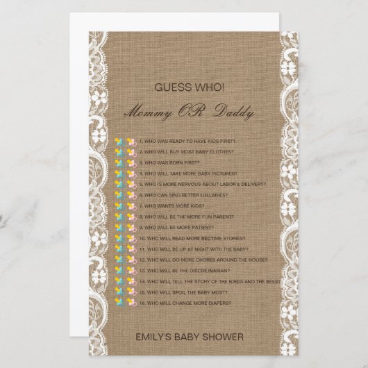 Papier Devinez qui, jeu de baby shower maman ou papa, edi (Devant / Derrière)