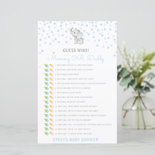 Papier Devinez qui, jeu de baby shower maman ou papa, mod (Debout devant)
