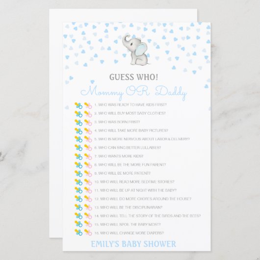 Papier Devinez qui, jeu de baby shower maman ou papa, mod (Devant / Derrière)