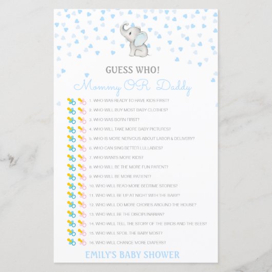 Papier Devinez qui, jeu de baby shower maman ou papa, mod (Devant)