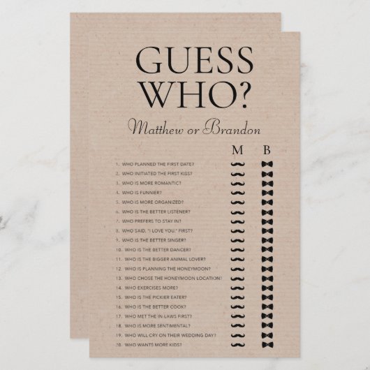 Papier Devinez qui jeu de douche LGBTQ (Devant / Derrière)