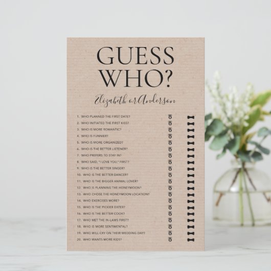 Papier Devinez qui jeu de Fête des mariées rustique (Debout devant)