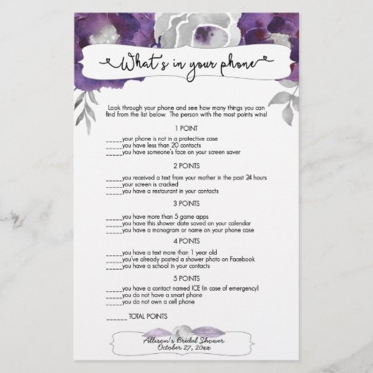 Papier Devinez qui + jeux de téléphone, violet gris flora (Devant)