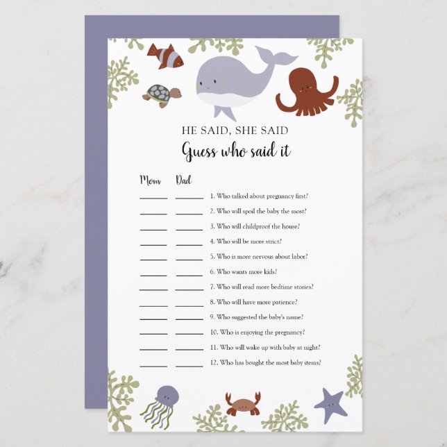 Papier Devinez qui l'a dit Game Under the Sea Baby shower (Devant / Derrière)
