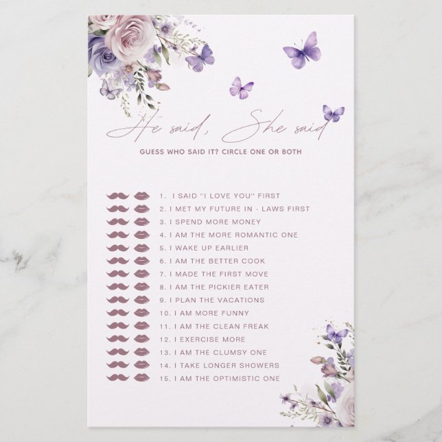 Papier Devinez Qui L'A Dit Mauve Butterfly Game Card (Devant)