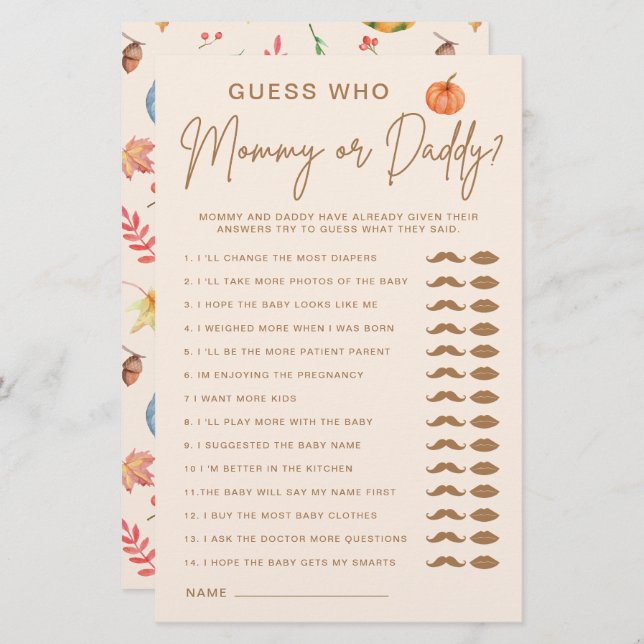 Papier Devinez Qui Maman Ou Papa Baby shower Citrouille J (Devant / Derrière)