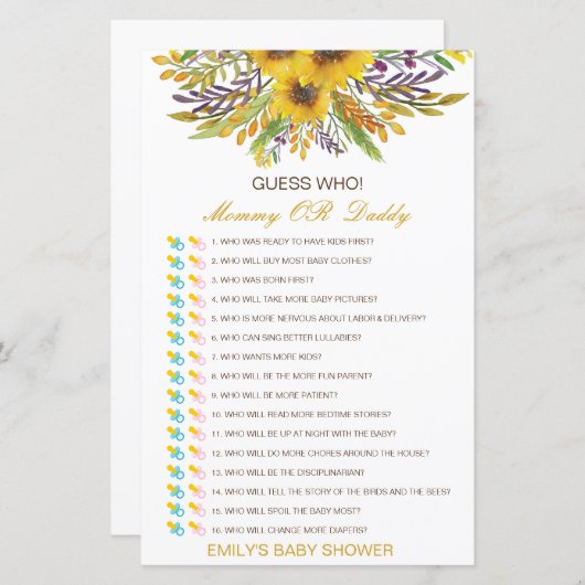 Papier Devinez qui, maman ou papa jeu de Baby shower (Devant / Derrière)