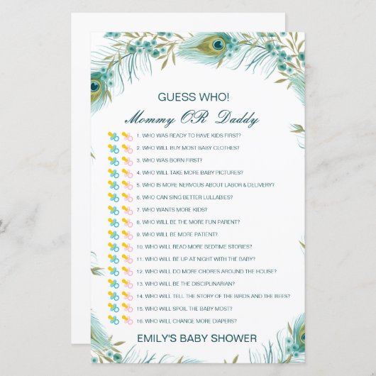Papier Devinez qui, maman ou papa jeu de Baby shower (Devant / Derrière)