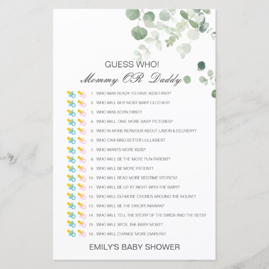 Papier Devinez qui, maman ou papa jeu de Baby shower (Devant)