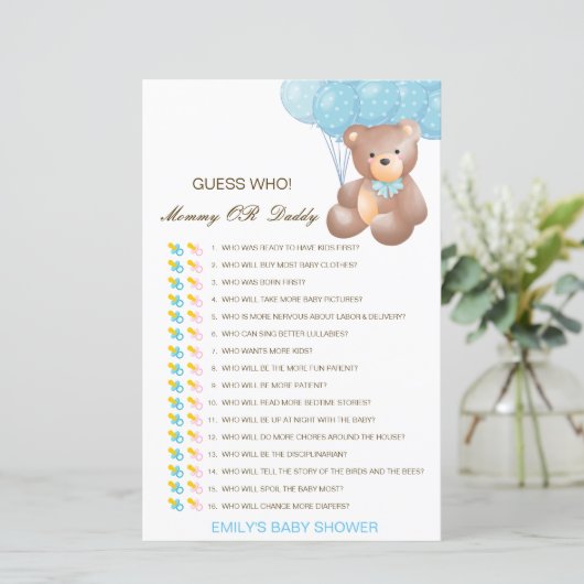 Papier Devinez qui, maman ou papa jeu de Baby shower (Debout devant)