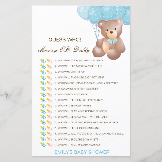 Papier Devinez qui, maman ou papa jeu de Baby shower (Devant)