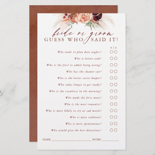 Papier Devinez qui marié ou la chambre - Pampas Grass Gam (Devant / Derrière)