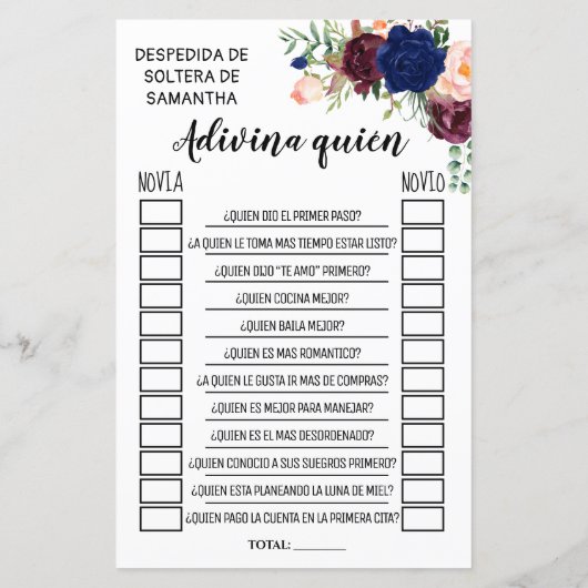 Papier Devinez qui nuptiale douche anglais jeu espagnol (Dos)