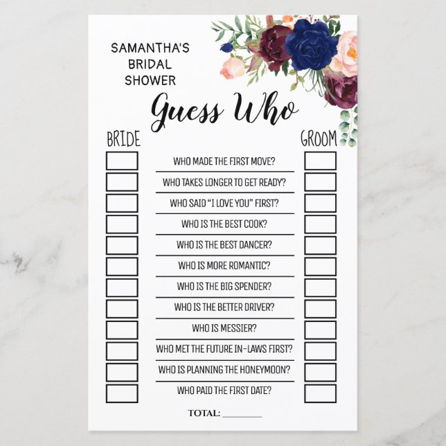 Papier Devinez qui nuptiale douche anglais jeu espagnol (Devant)