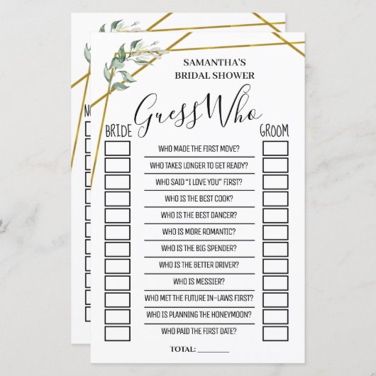 Papier Devinez qui nuptiale douche anglais jeu espagnol (Devant / Derrière)