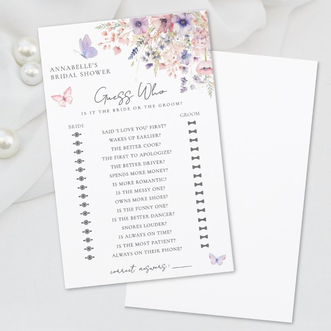 Papier Devinez qui papillon Fleur sauvage Fête des mariée (Guess Who Butterfly Wildflower Bridal Shower Game)