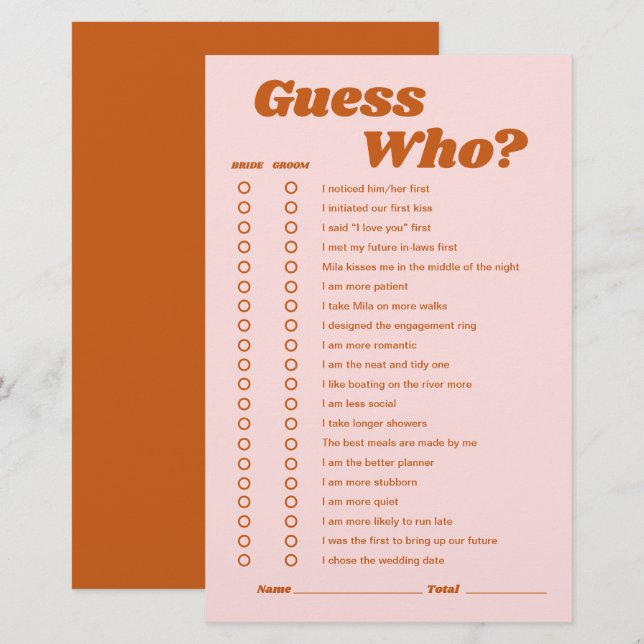 Papier Devinez qui Retro Disco Fête des mariées jeu (Devant / Derrière)