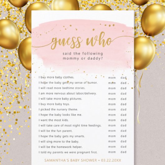 Papier Devinez qui rose aquarelle + or baby shower jeu